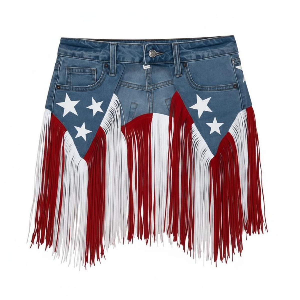 Denim Fringe Skirt Patriotic Waist Belt Skirt Button Closure