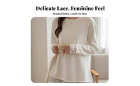 Lace Long Sleeve T-Shirt, Soft Brushed Pullover, Korean Style, Relaxed Fit Top