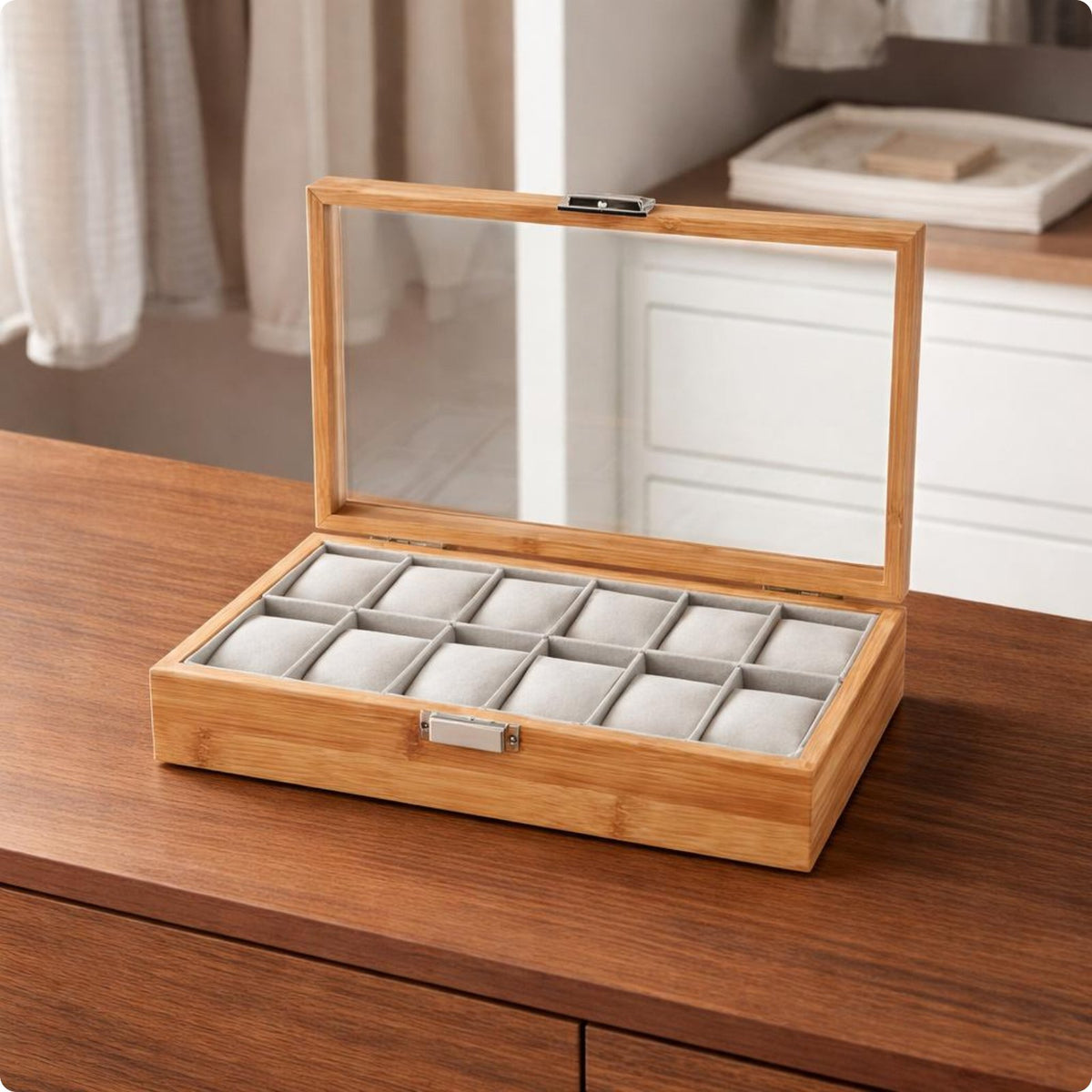 Bamboo Watch Display Case Clear Top Lid Storage Gift Ready for Dresser, Bedroom