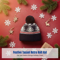 Christmas Tassel Knit Cap, Fair Isle Knitted Hat, Unisex, Winter Windproof, Retro, Skiing, Festive Accessory
