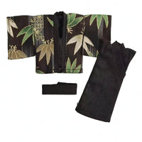 3 Pieces Black Waist Sash Wide Sleeves foliagePattern Kimono Jacket Matching Set
