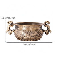 Brass Fortune Bowl Shiny Finish Mythical Lion Handle Bowl Carved Design