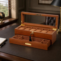 Two-Tier Watch Box Velvet Lined Glass Lid Watch Box Gold-Tone Hardware