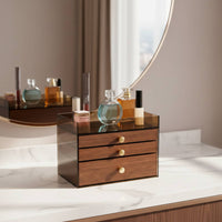 Multi-Tier Jewelry Organizer Allergen-Shield-Resistant Jewelry Storage Case with Compartments Wood Grain Storage Box Clear View