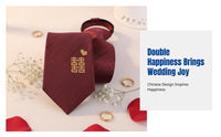 Red No-Knot Tie, Double Happiness Bird, Men's Wedding Groom, Festive, Formal Accessory