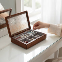 Wooden Jewelry Box Sturdy Wood Construction Glass Lid Jewelry Organizer Finger Adornment and Earring Storage Box Soft Textile