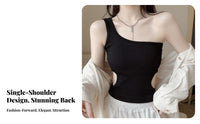 Single Shoulder Top Built-in Pads Padded Camisole Ribbed Cutout Top Korean Design Close Fit for Young Women, Summer