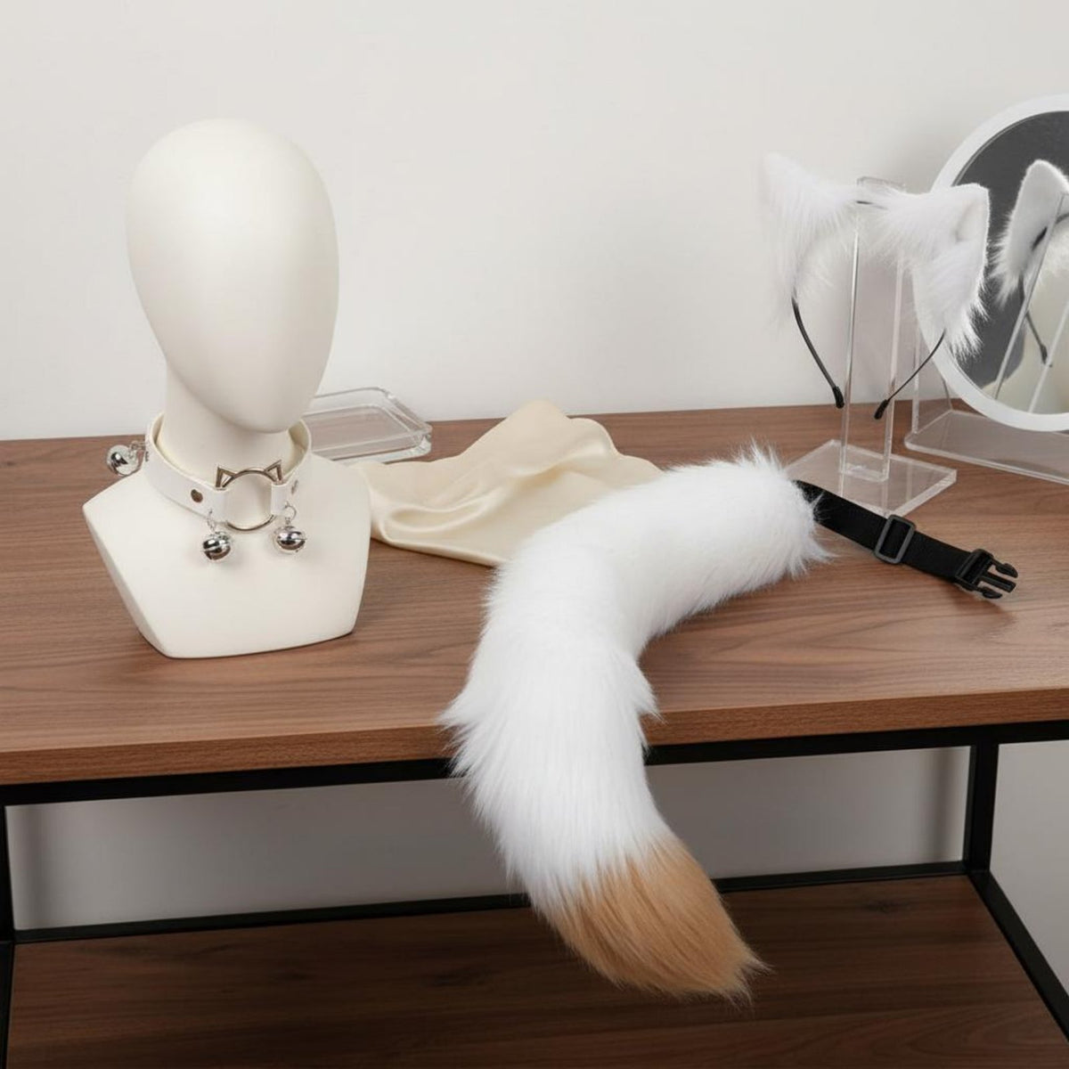 Cat Ears Headband with Tail and Collar Soft Feel Wolf Ears and Tail Cosplay Set Soft Canine Costume Accessories Adjustable Fit