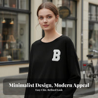 Women's Long Sleeve T-Shirt, Letter Print, Side Slit, Loose Fit, Urban Relaxed Style, Moderate-Length Pullover Top