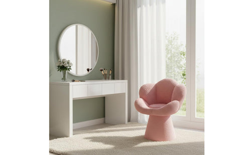 Ergonomic Backrest Swivel Makeup Chair Sturdy Frame Flower Petal Chair High-Density Foam Filling Soft Teddy Material for Women, Girls, Bedroom, Nail Salon