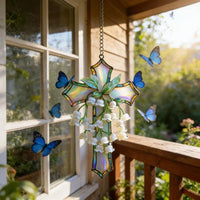 flower of the Valley Cross Iridescent Finish Floral Cross Hanging Ornament Handmade flower of the Valley Sun Reflector for Christians, Garden