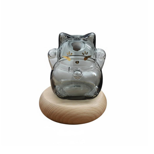 Fortunate Cat Glass Jar Good Fortune Symbol Maneki-Neko Savings Jar Cat Shaped Container with Wooden Base Wealth Attracting