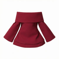Exposed-Shoulder-Shoulder Doll Top Unfastened Back Long Sleeve Doll Top Stitched