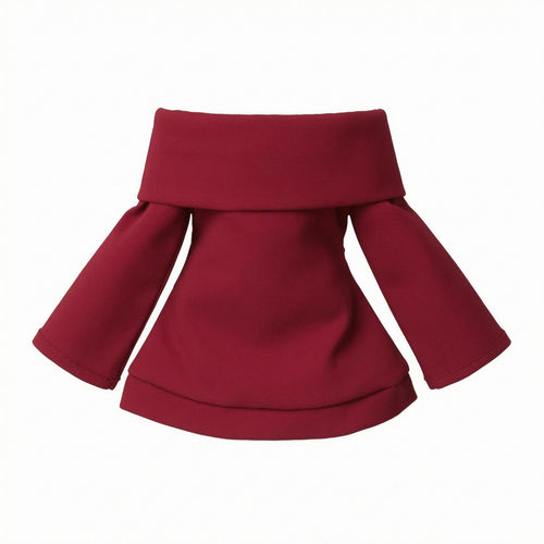 Exposed-Shoulder-Shoulder Doll Top Unfastened Back Long Sleeve Doll Top Stitched