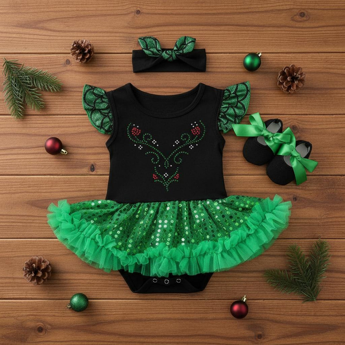 3 Pieces Tutu Romper Dress Ruffle Sleeves Baby Girl Outfit Set for Photo
