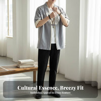 Loose Kimono Cardigan for Men, Chinese Style Summer Robe, Five-Quarter Sleeve, Pan Button, Relaxed Jacket