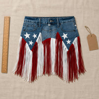 Denim Fringe Skirt Patriotic Waist Belt Skirt Button Closure