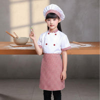 3 Pieces Includes Hat and Apron Kids Chef Costume Double Breasted Jacket Children's Cook Uniform Gingham Trim Kids Baker Costume for Toddlers, School Plays