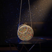 Beaded Round Clutch Wrist Strap Wristlet Evening Bag Glittery for Party, Women