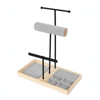 T-Shaped Jewelry Stand Wooden Base Necklace Stand Metal Frame