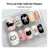 Multi-Color Press On Nails, Cute Cat, Hand-Painted, Fun