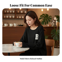 Women's Long Sleeve T-Shirt, Letter Print, Side Slit, Loose Fit, Urban Relaxed Style, Moderate-Length Pullover Top