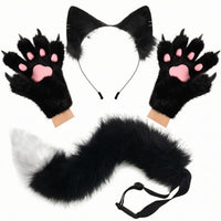 Feline Ears Tail Gloves Set Faux Fleece Cat Ear Headband Adjustable Strap Paw Gloves