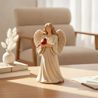 Angel Figurine with Bird Tabletop Ornament Neutral for Mantel, Bookshelf