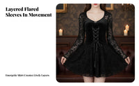 Black Bell Sleeve Dress Vintage Inspired Gothic Mini Dress Heart-Shaped Neckline