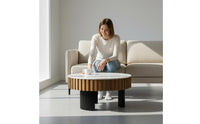 2 Pieces Light Luxury Design Wood and Stone Coffee Table Set Multi-Material Round Coffee Table Set for Lounge Area