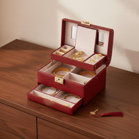 Red Jewelry Box Soft Velvet Lining Multi-Layer Jewelry Case for Wedding