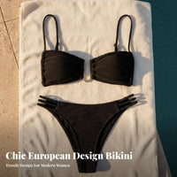 Alluring Design Ruched Bikini Set Removable Pads Ruched Bandeau Bikini Adjustable Straps for Young Adults, Vacation, Sunbathing