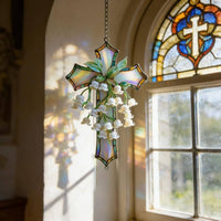 flower of the Valley Cross Iridescent Finish Floral Cross Hanging Ornament Handmade flower of the Valley Sun Reflector for Christians, Garden