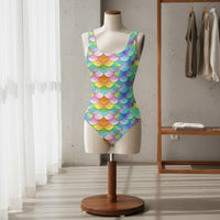 Rainbow Single-Piece Swimsuit Built-in Bra Fish Scale Print Swimsuit Full