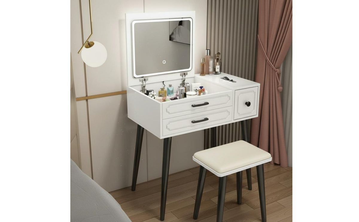 Hinged Lid Vanity Table Modern Minimalist Design Makeup Vanity with Storage Drawers Dressing Table with Mirror and Stool