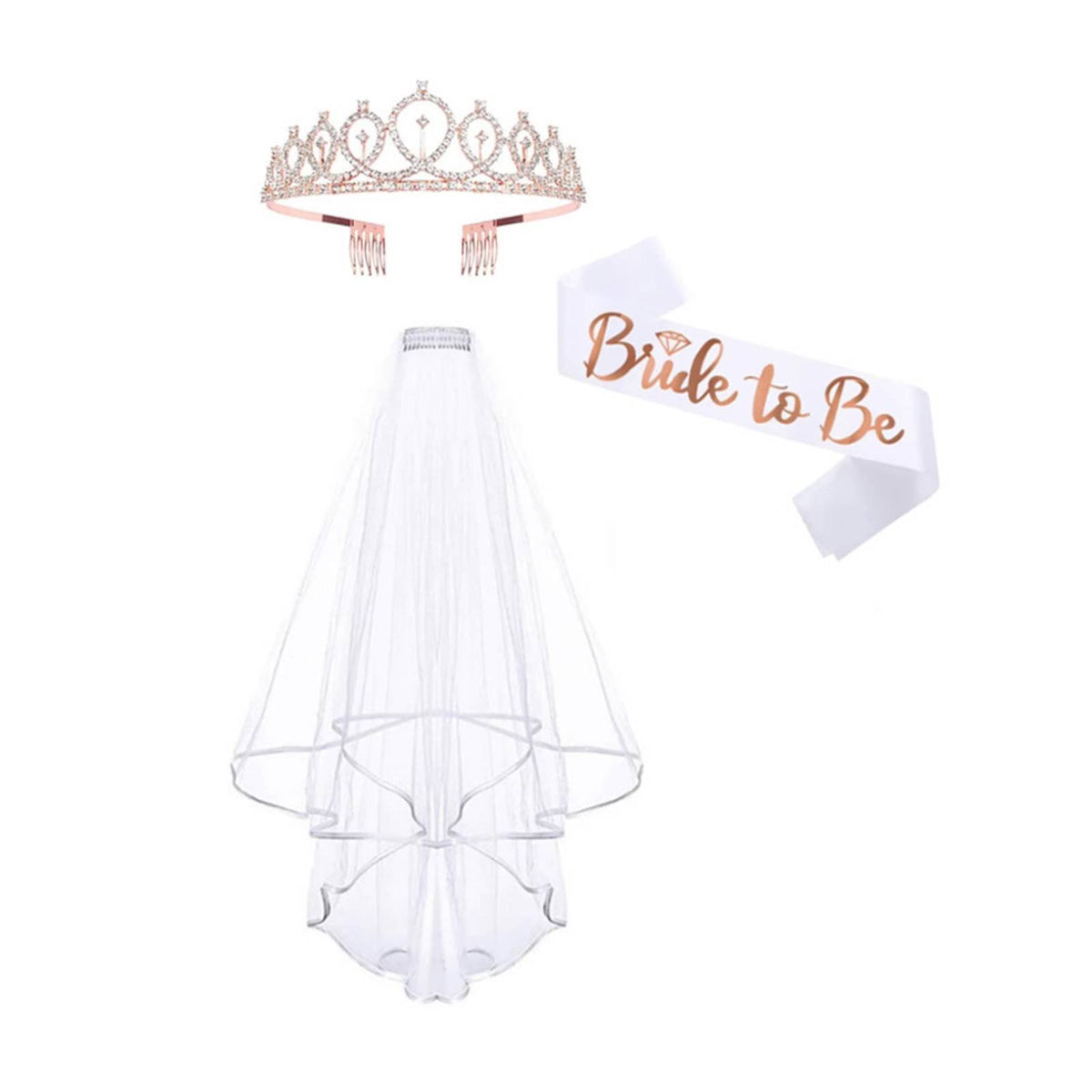 Shiny Crown Bridal Headpiece, Soft Veil with Comb, Bride to Be Sash, Princess Party Set