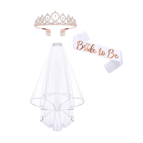Shiny Crown Bridal Headpiece, Soft Veil with Comb, Bride to Be Sash, Princess Party Set