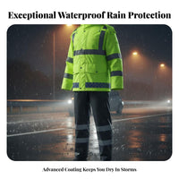 Heavy Duty Reflective Rain Suit Wear Resistant High Visibility Raincoat Set Detachable Hood for Nighttime, Rainy Weather, Construction Sites