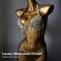 Adjustable Straps Rhinestone Tassel Bikini Push Up Design Shimmering Nightclub Bikini for Dancers, Young Adults, Nightclubs, Club