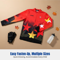 Autumn Winter Kids Cycling Jersey, Fleece Long Sleeve, Breathable, Unisex, Red, Full Zipper