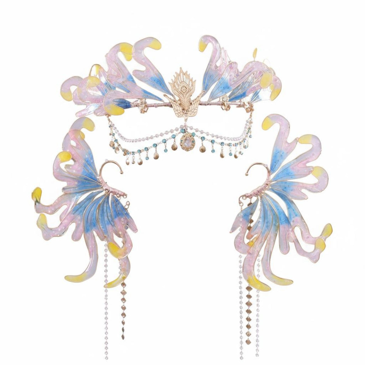 Traditional Chinese Hair Jewelry Set Ancient Design Mermaid Fin Headdress Set Elven Tiara and Ears Celestial Design Fairy