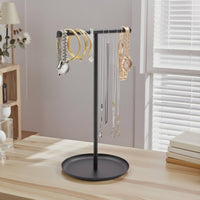 Necklace Holder with Tray Modern Minimalist Design Countertop Jewelry Organizer 2-Tier Crossbar Jewelry Stand Space-Saving