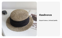 Women's French Retro Hat, Hollow Woven Flat Top, Short Brim, Summer Holiday