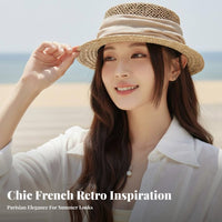 Women's French Retro Hat, Hollow Woven Flat Top, Short Brim, Summer Holiday