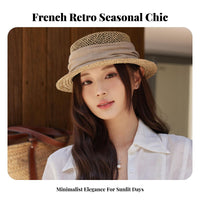 Women's French Retro Hat, Hollow Woven Flat Top, Short Brim, Summer Holiday