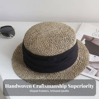 Women's French Retro Hat, Hollow Woven Flat Top, Short Brim, Summer Holiday