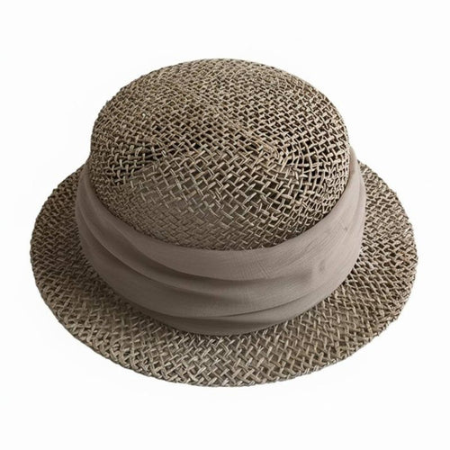 Women's French Retro Hat, Hollow Woven Flat Top, Short Brim, Summer Holiday