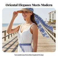 Women's Sun Hat, Chinese Porcelain Design, Navy & Cream, Stylish, Premium Look, Beach Holiday