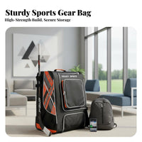 Kids Ice Sports Gear Bag, Inline Sports Equipment Trolley, Sit-On Suitcase, Black Orange