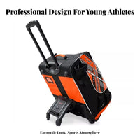 Kids Ice Sports Gear Bag, Inline Sports Equipment Trolley, Sit-On Suitcase, Black Orange